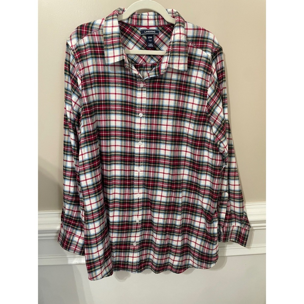 Lands End Stewart Tartan Plaid Flannel Button Up Shirt Size 22W Winter Holiday